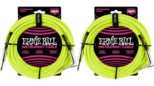 Ernie Ball 18ft Braided Straight Angle Inst Cable Neon Yellow 2 Pack