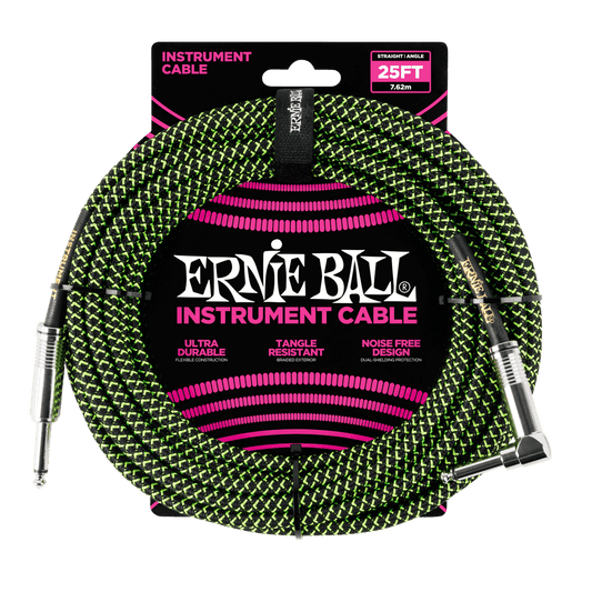 Ernie Ball 25ft Braided Straight Angle Inst Cable Blk/Grn