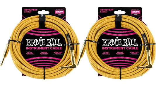 Ernie Ball 25ft Braided Straight Angle Inst Cable Gold Gold 2 Pack