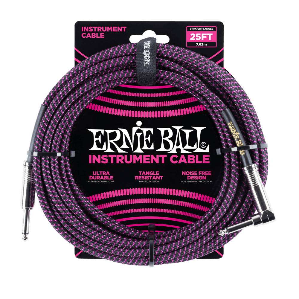 Ernie Ball 25ft Braided Straight Angle Inst Cable Black Purple