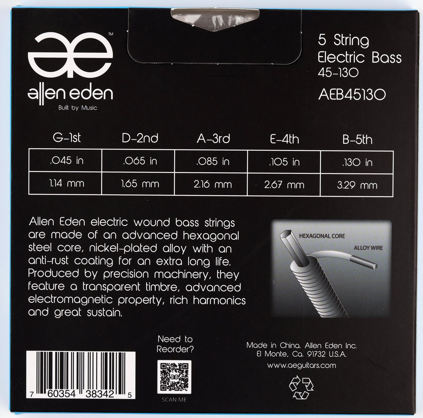 Allen Eden Electric Bass Strings 5 String 45-130