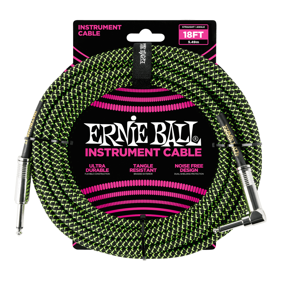 Ernie Ball 18ft Braided Straight Angle Inst Cable Blk/Grn