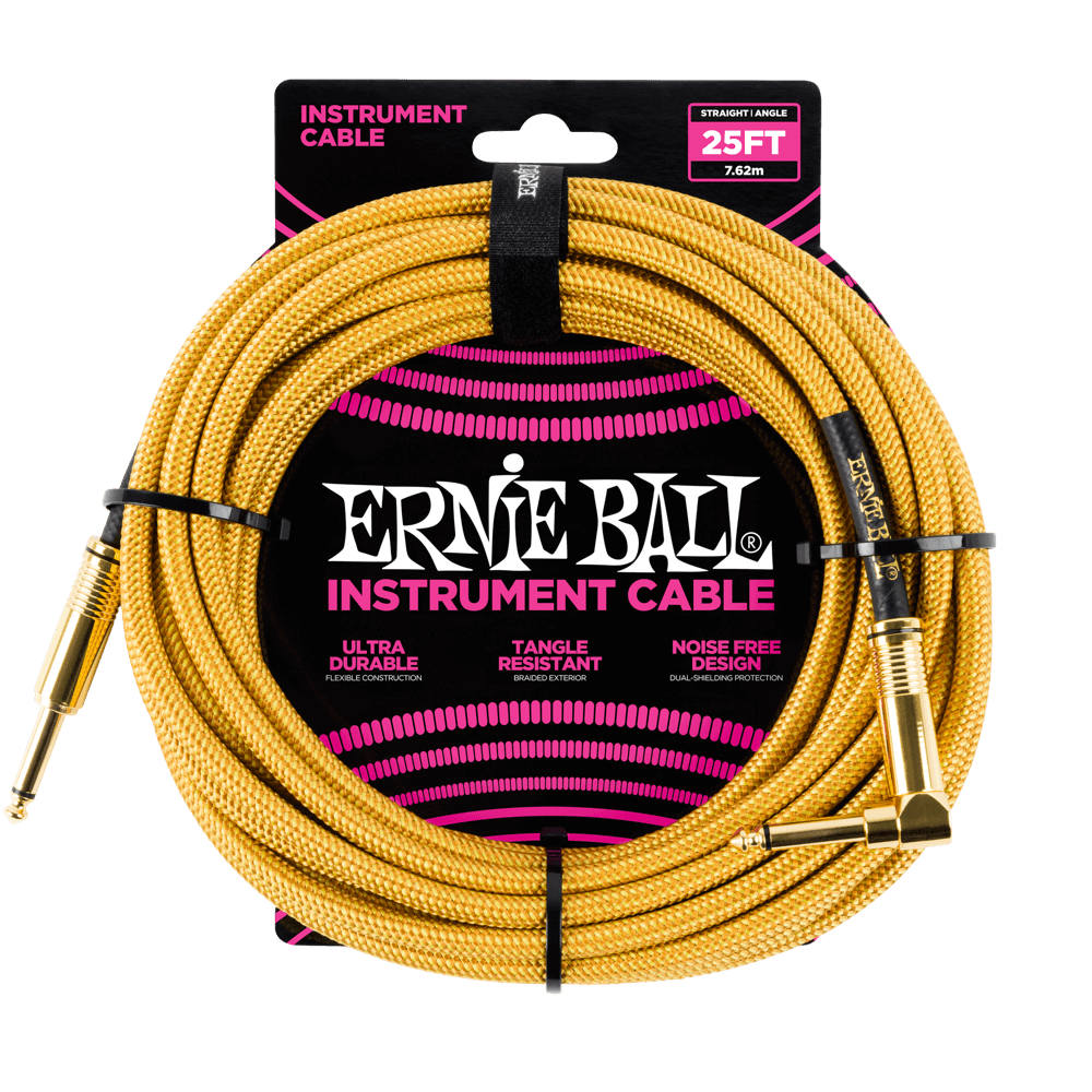 Ernie Ball 25ft Braided Straight Angle Inst Cable Gold Gold 2 Pack