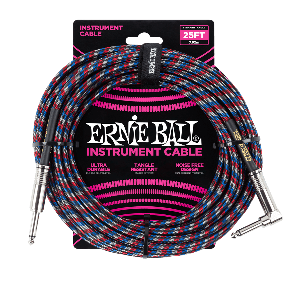 Ernie Ball 25ft Braided Straight Angle Inst Cable Black Red Blue White