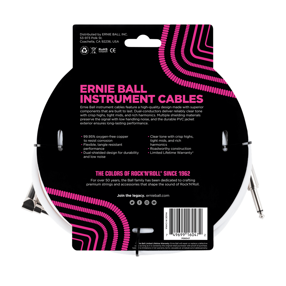 Ernie Ball 20ft Straight Angle Inst Cable White 2 Pack