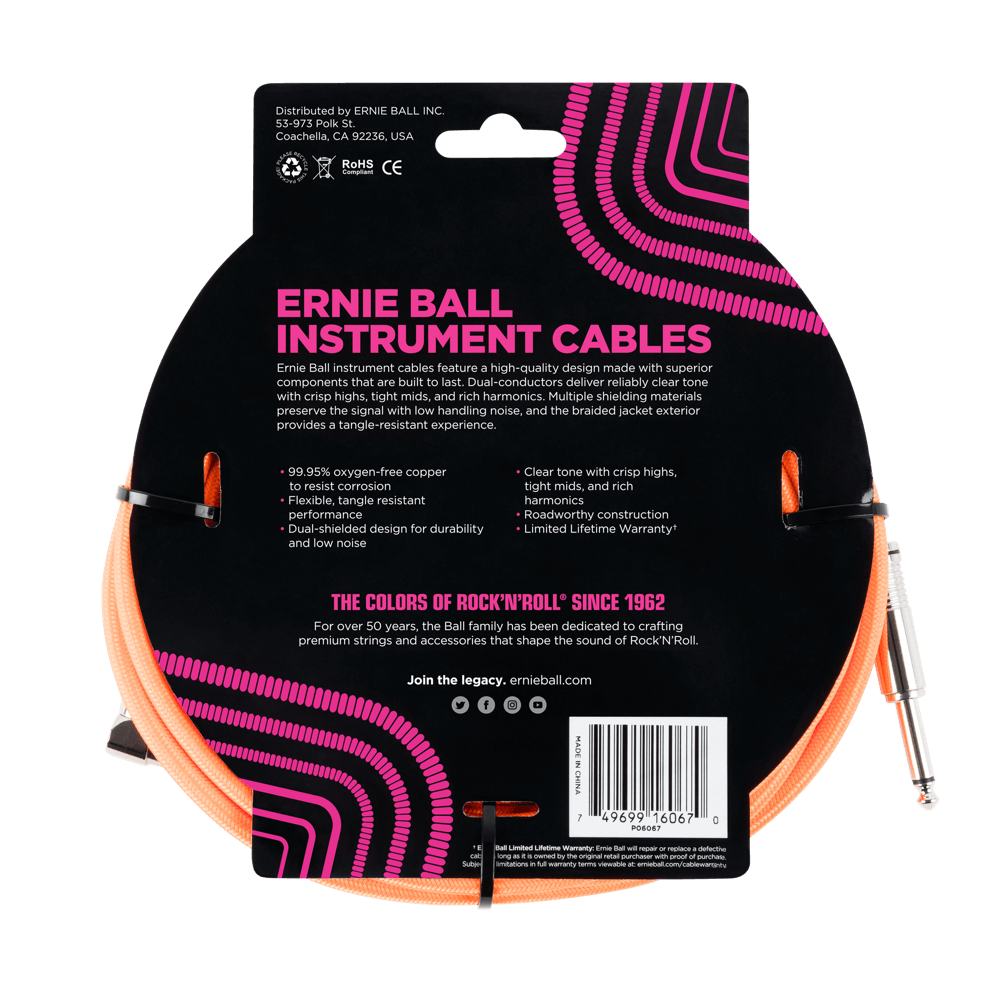 Ernie Ball 25ft Braided Straight Angle Inst Cable Neon Orange