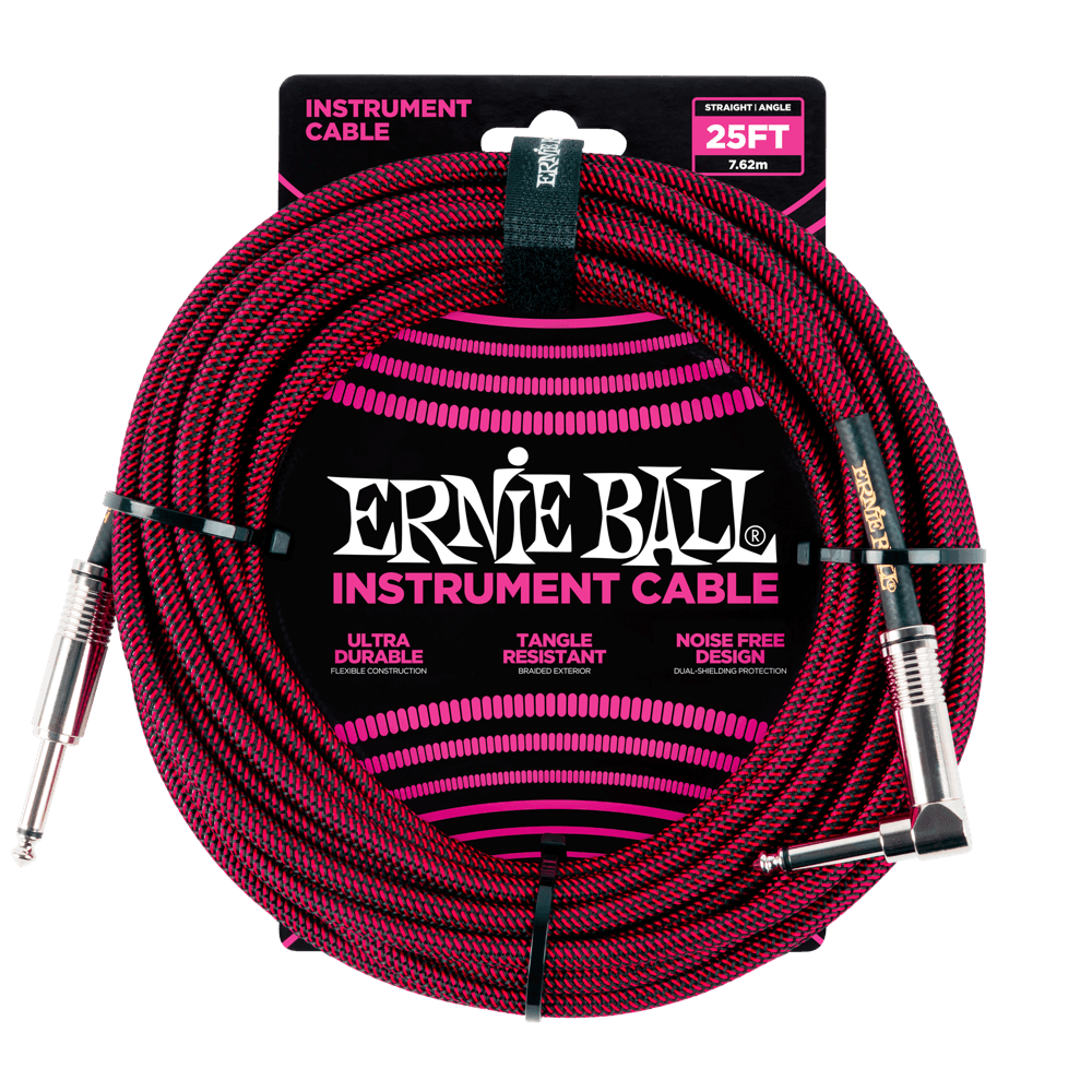 Ernie Ball 25ft Braided Straight Angle Inst Cable Black Red