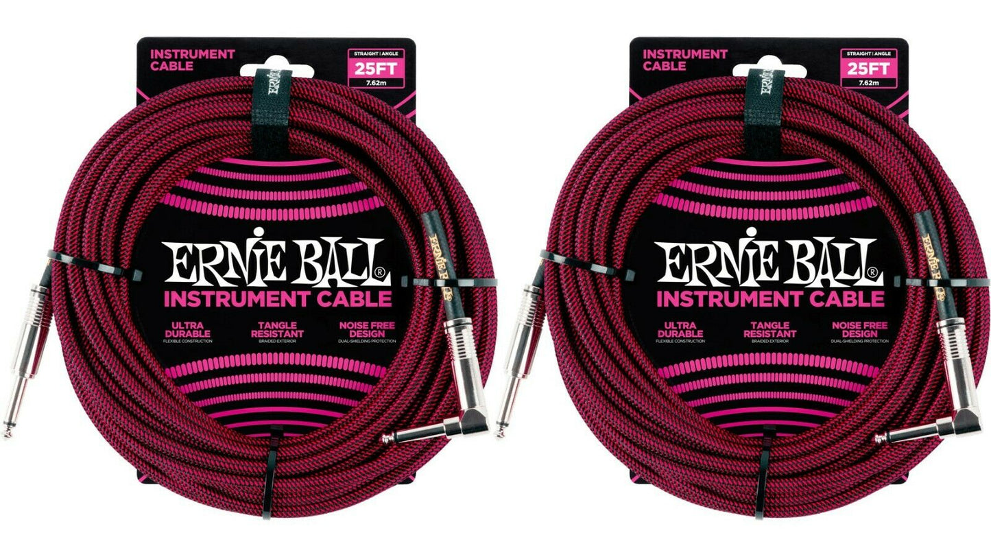 Ernie Ball 25ft Braided Straight Angle Inst Cable Black Red 2 Pack