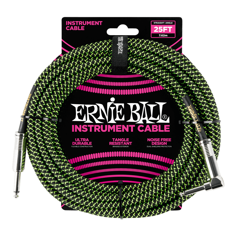 Ernie Ball 25ft Braided Straight Angle Inst Cable Blk/Grn 2 Pack