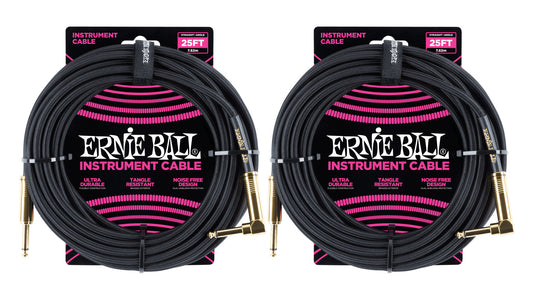 Ernie Ball 25ft Braided Straight Angle Inst Cable Black 2 Pack