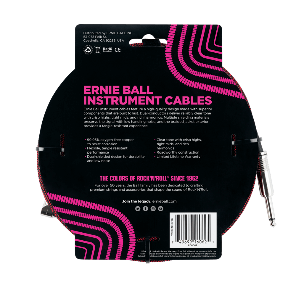 Ernie Ball 25ft Braided Straight Angle Inst Cable Black Red