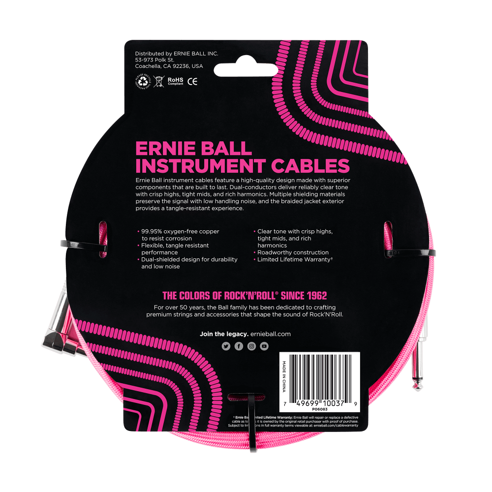 Ernie Ball 18ft Braided Straight Angle Inst Cable Neon Pink 2 Pack