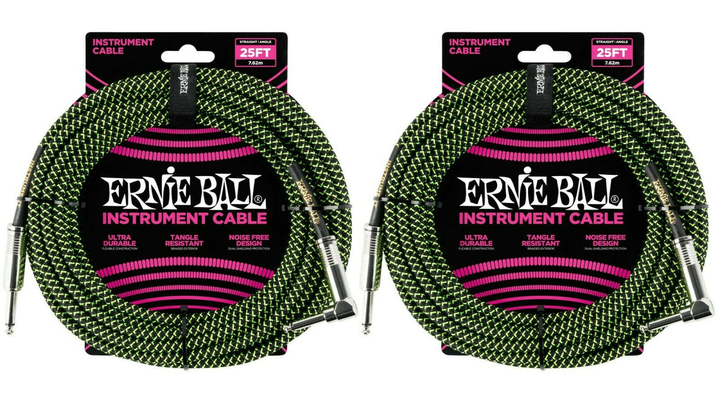 Ernie Ball 25ft Braided Straight Angle Inst Cable Blk/Grn 2 Pack