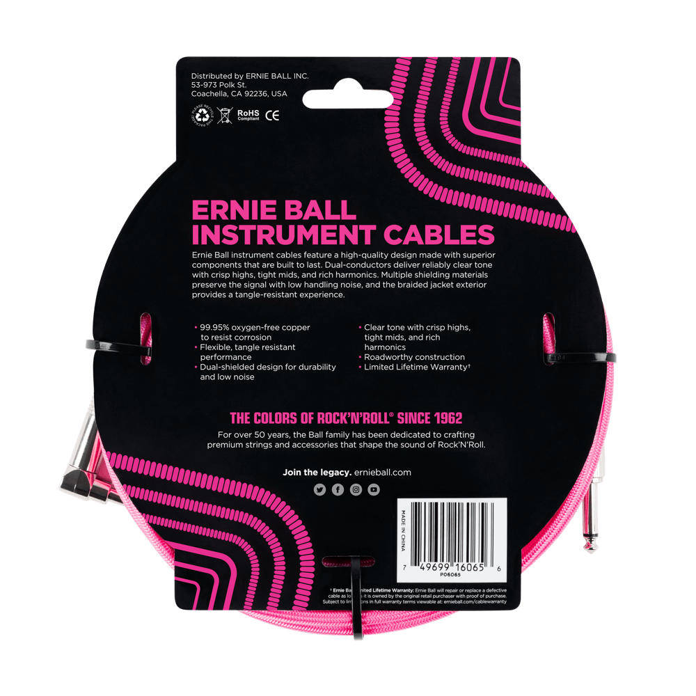 Ernie Ball 25ft Braided Straight Angle Inst Cable Neon Pink